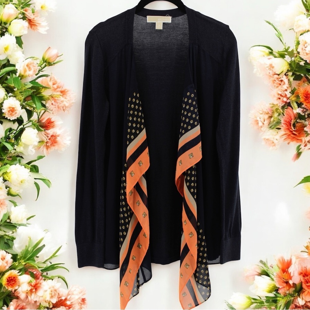 Michael‎ Kors Navy Handkerchief Trim Lightweight Chic Cardigan Career Size M